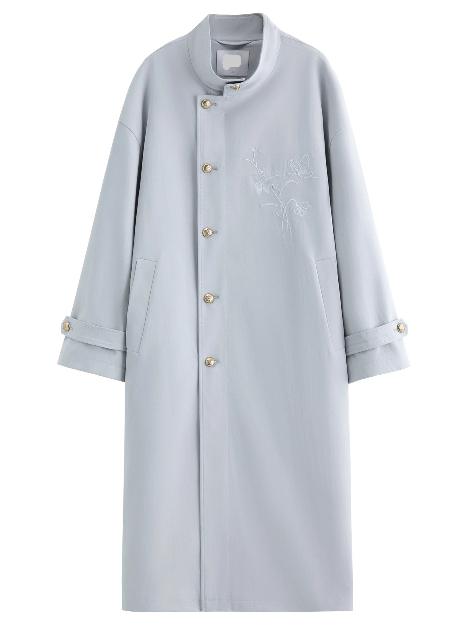 Embroidered Stand-Collar Long Trench Coat