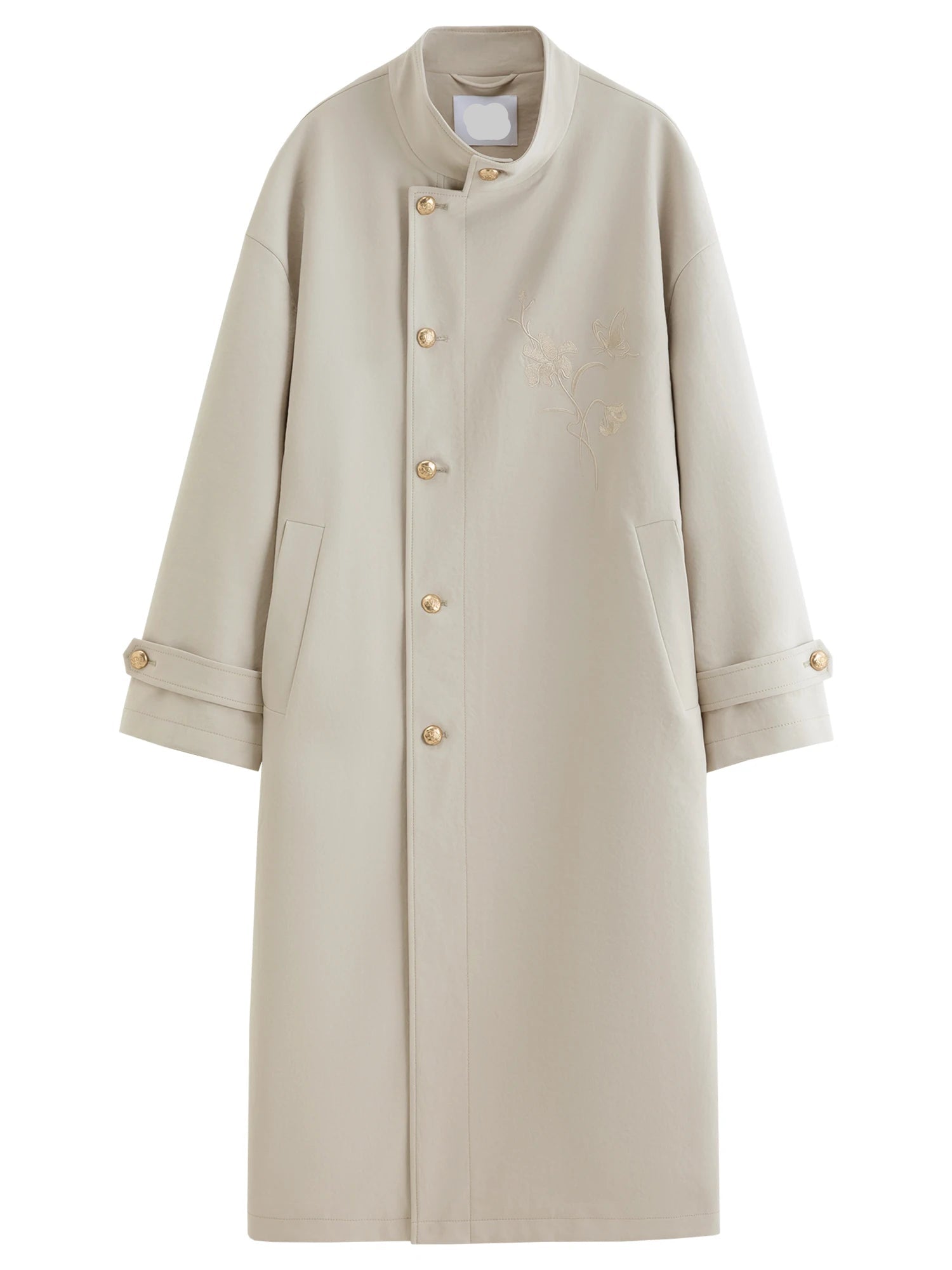 Embroidered Stand-Collar Long Trench Coat