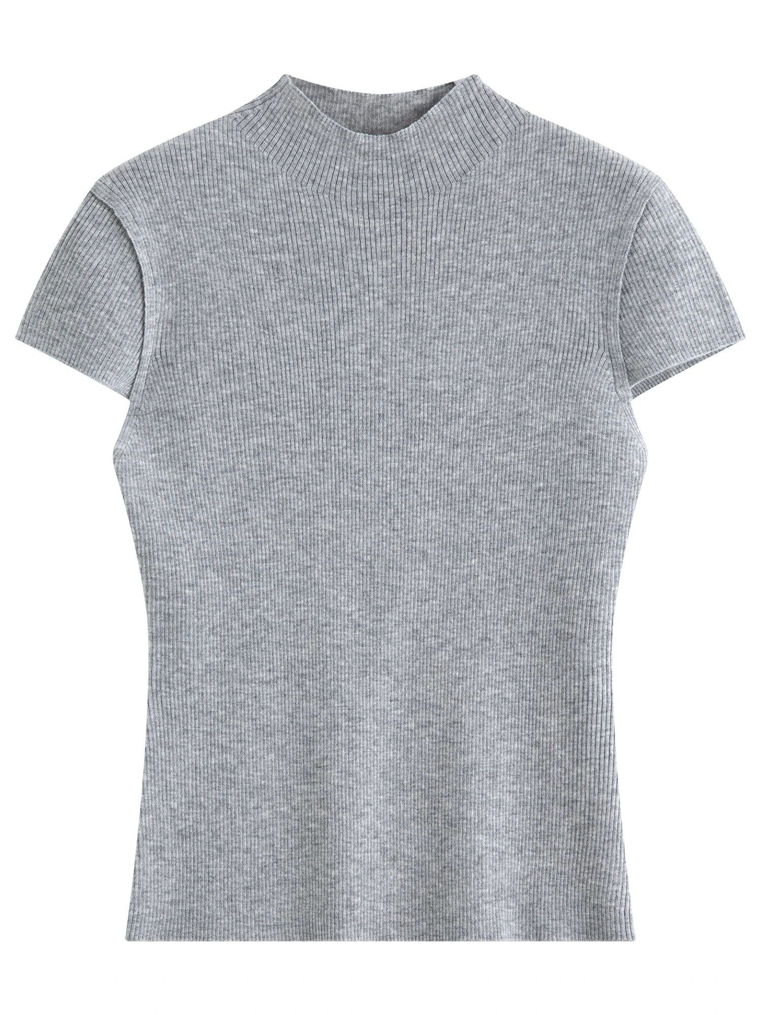 FSLE 2026 Spring Women's Semi-High Neck Solid Wool Knit Sweater - Slim Fit Short Sleeve Simple Top for Casual Office Wear